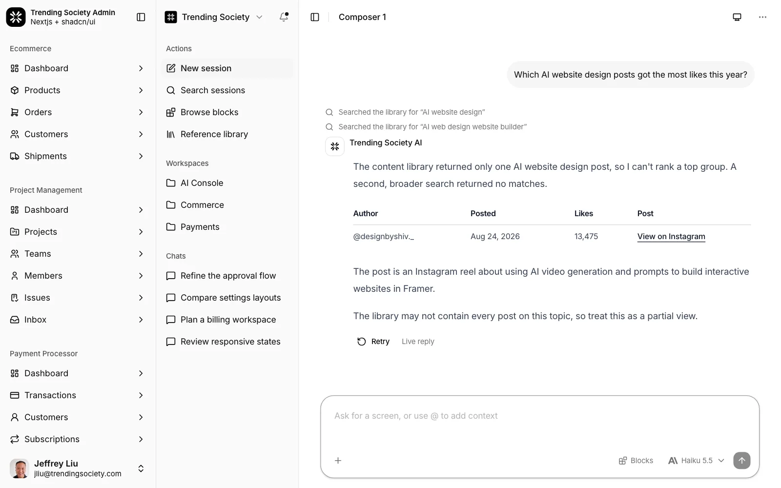The AI console answering a question by searching the Trending Society content library twice, then citing an Instagram post in a table
